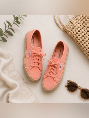 Superga Raffia Espadrilles Sneakers Canvas Coral Lace Up Summer Coastal Eu 39.5
